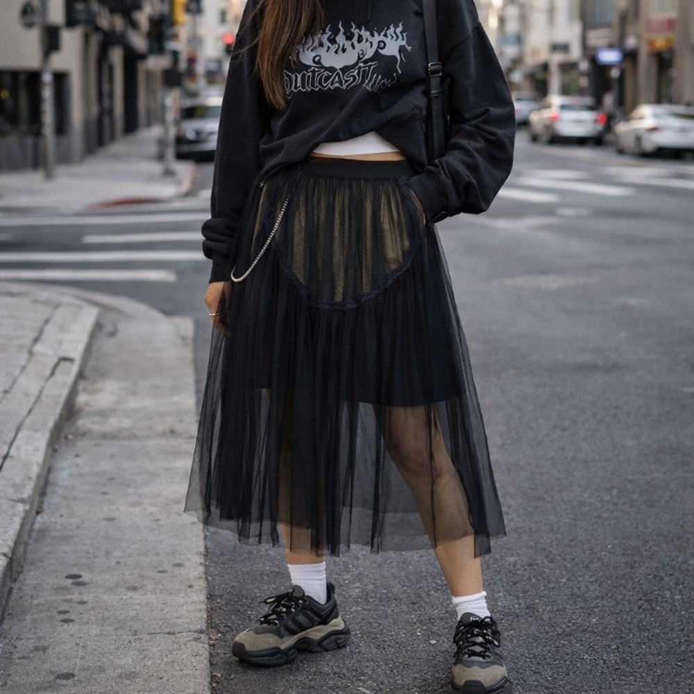 Etc.Black Tan Grunge Whimsigoth Witchy Sheer Tulle Pull On Midi Skirt Size XL